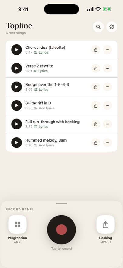 Topline home screen with a list of recordings and a large record button